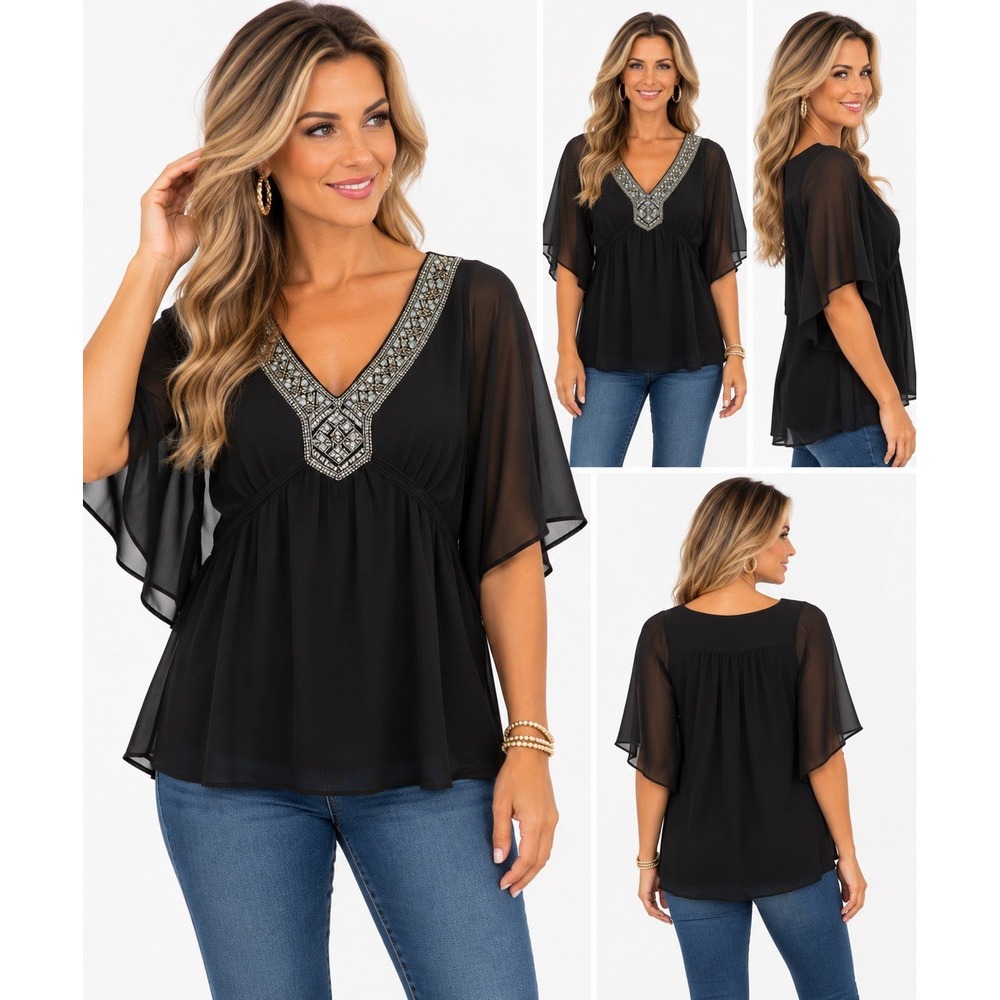 White House Black Market Beaded V Neck Kimono Blouse Tie Waist Black XS NWT